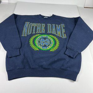 VTG NCAA Notre Dame Fightin Irish Sweatshirt Large Blue Faded Stained Crewneck